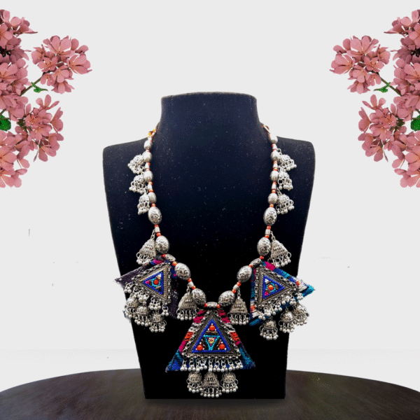 Handcrafted Oxidized Silver Ghungroo Fabric Necklace