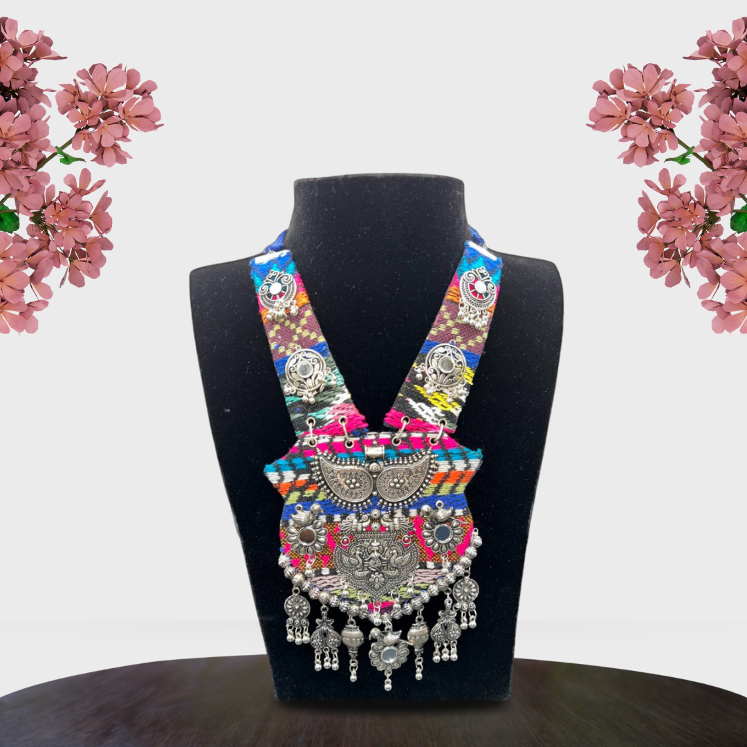 Boho Oxidized Silver Fabric Necklace