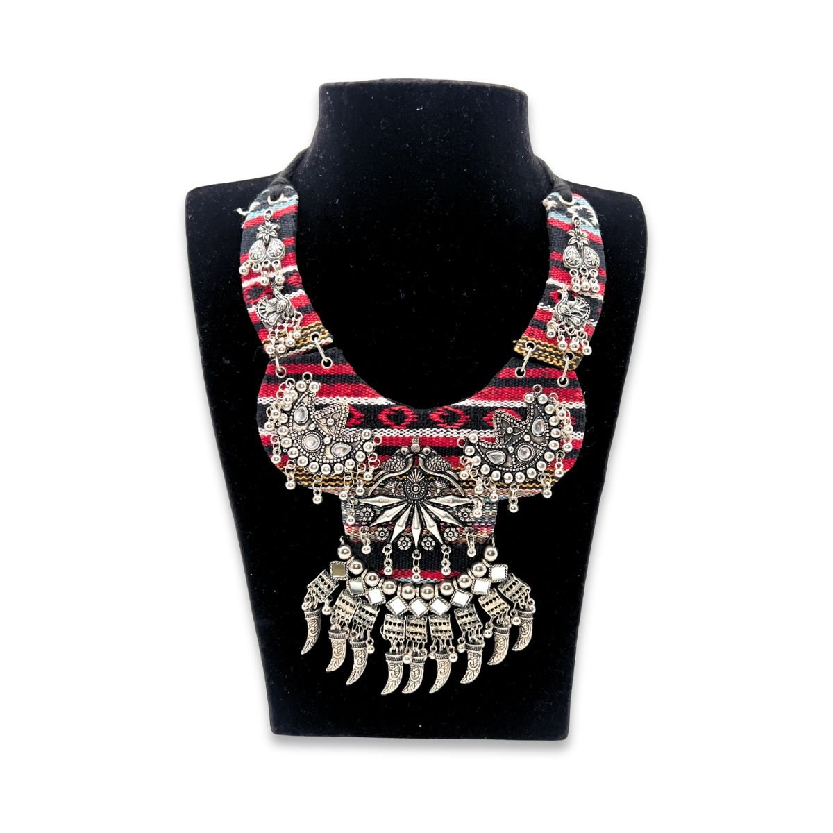 Bohemian Oxidized Silver Fabric Necklace