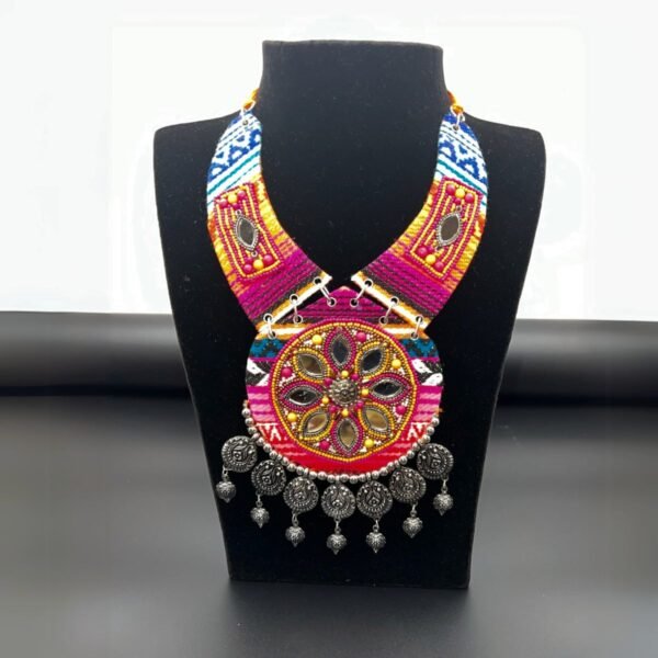 Oxidized Silver Mirror Work Fabric Necklace